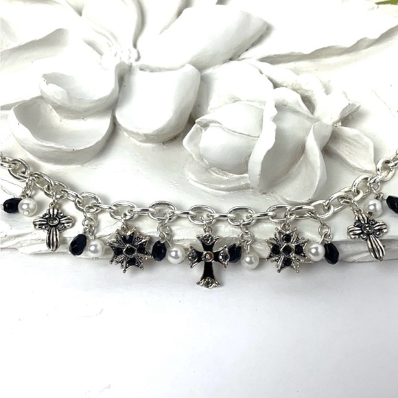 Maltese Cross Charm Bracelet - Pearls & Jet Black Beads Silver Tone Chain - Picture 1 of 11